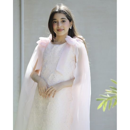 صورة فستان بناتي مطرز ورود كبيرة وفيونكات فراشة وردية | تصميم ملكي - 1201